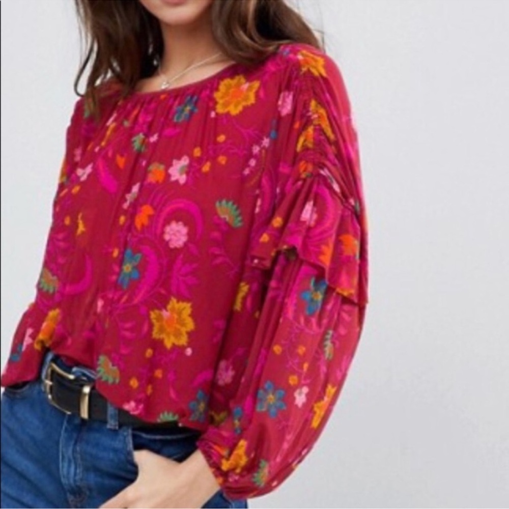 Free People Wildflower Honey Pink Floral Ruffle Blouse - Picture 3 of 5